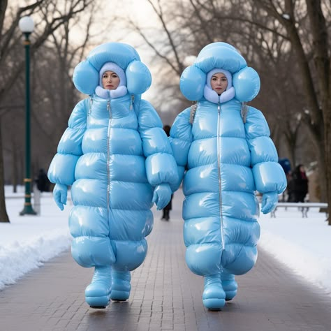 Two women in very shiny light blue extravagant oversize down puffer suits. Big Puffer Jacket, Huge Puffer Jacket, Long Jacket Outfit, Puffy Clothes, Skiwear Women, Snow Outfits, Women's Puffer Coats, Down Suit, Blue Puffer Jacket