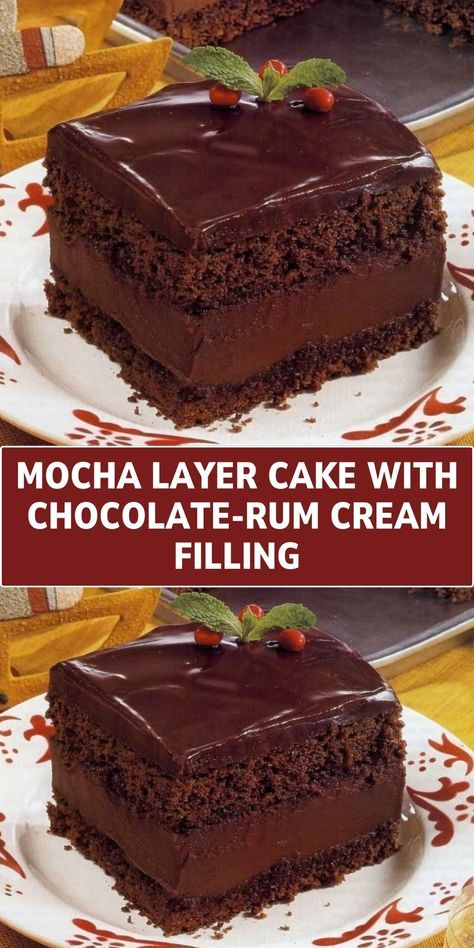 An extravagant dessert, this cake has layers of moist mocha-flavored sponge cake, filled with a luxurious chocolate and rum cream. The outside is frosted with a smooth chocolate ganache, creating a rich and indulgent treat. Mocha Layer Cake, Rum Desserts, Luxurious Chocolate, Mocha Cake, Rum Cream, Rich Desserts, Cream Filling, Chocolate Delight, Rum Cake