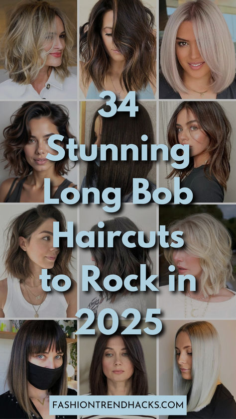 Fresh and chic long bob haircuts for 2025. Discover trendy styles for a modern look! Straight Long Bob With Layers, Inverted Long Bob Hairstyles With Layers, Bobs For Thick Straight Hair, Long In Back Short In Front Hair, Haircut Images For Women, Long Bob With Short Layers, Haircut For Long Neck For Women, Angled Long Bob For Fine Hair, Long Bob Haircuts Middle Part