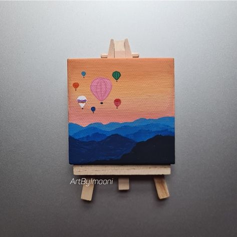 Small Painting Ideas Mini Canvas Simple, Cute Mini Paintings Easy, Balloon Canvas Painting, Mini Hot Air Balloon, Diy Canvas Art Easy, Acrylic Canvas Painting, Mini Easel, Baby Canvas, Small Canvas Paintings