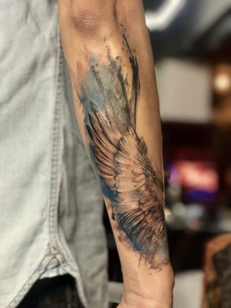 Tattered Wings Tattoo, Forearm Wing Tattoo Women, Phoenix Wing Tattoo, Forearm Wing Tattoo, Wings Tattoo Ideas, Tato Nama, Wings Tattoo Design, Alas Tattoo, Wing Tattoo Men