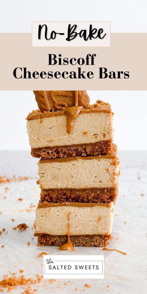 These no bake biscoff cheesecake bars are made with a biscoff cookie crust, topped with a creamy no bake biscoff cheesecake and topped with some biscoff cookie spread on top. They are a biscoff lovers dream, and so easy to make! Biscoff Oatmeal Bars, No Bake Biscoff Cheesecake Bars, Cookie Butter Bars Biscoff, Bake Off Winning Recipes, Cookie Butter Cheesecake No Bake, Cookie Butter Cheesecake Bars, Biscoff Cookie Bars, No Bake Cheesecake Bars Recipes, Recipes With No Bake Cheesecake Filling