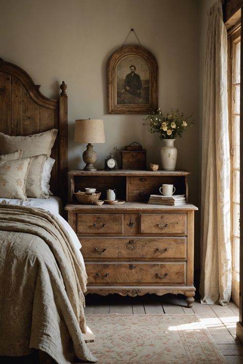 Country Style Aesthetic, Calm Master Bedrooms Cozy, Bedroom With Wooden Bed, Bedroom Wooden Bed, Cottage Bedroom Aesthetic, Main Bedroom Ideas, Cottage Dresser, Cliffside House, Rustic Chic Bedroom