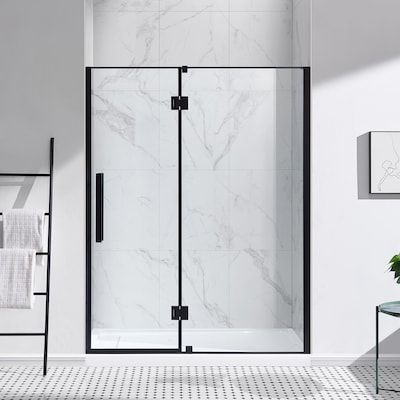 OVE Decors Niko 60-in W x 73.9-in H Frameless Hinged Matte Black Soft Close Alcove Shower Door (Clear Glass) in the Shower Doors department at Lowes.com Shower Doors Black Frame, Black Matte Shower Door, Black Hardware Shower Door, Clear Shower Door Ideas, Shower Doors With Black Trim, Black Frameless Shower Door, Glass Shower Door With Black Hardware, Hinged Shower Glass Door, Matte Black Shower Door