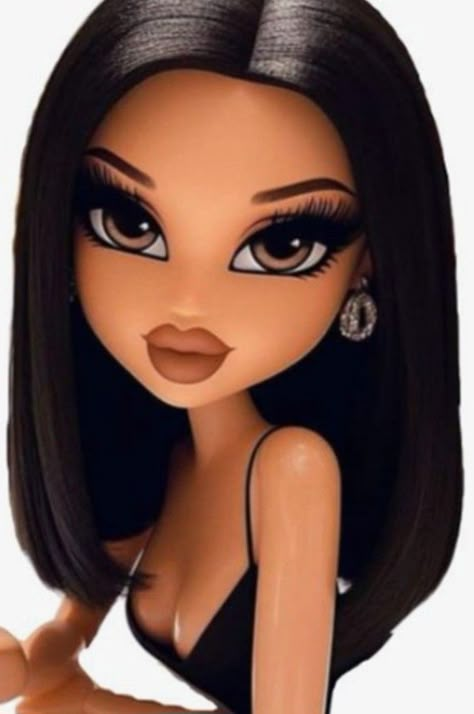 Brunette Barbie Profile Picture, Bratz Brown Hair Brown Eyes, Bratz Doll Short Hair, Bratz Brunette, Cartoon With Black Hair, Black Hair Bratz, Bratz Doll Black Hair, Bratz Black Hair, Bratz Fits