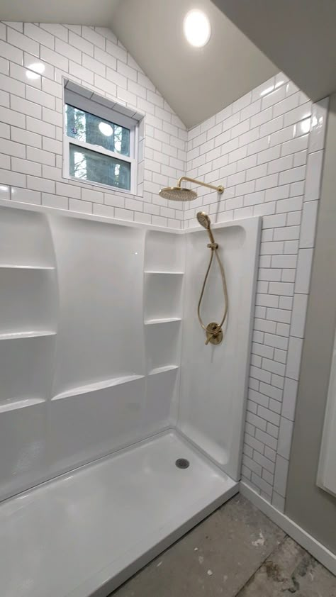 Bath Insert Ideas, Small Bathroom With Shower Insert, Tub And Shower Insert, Surround Shower Ideas, Tile Above Fiberglass Shower Surround, Shower Insert With Tile Above, Tile Over Shower Insert, Fiberglass Shower Insert Ideas, Tile Around Shower Insert