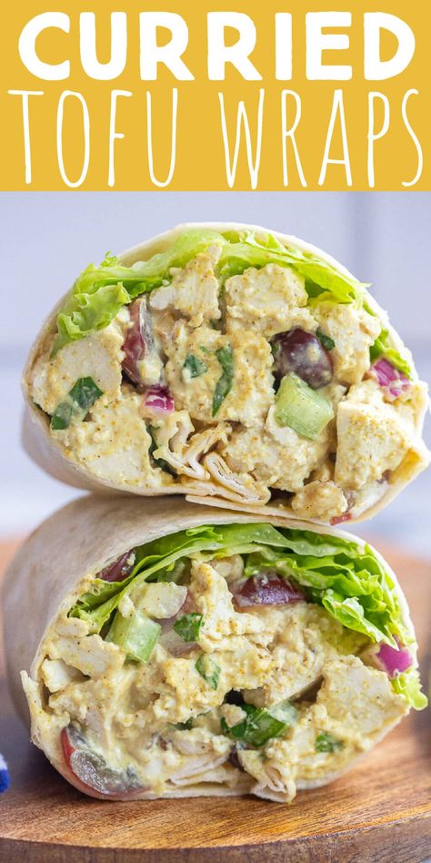 These Vegan Curried Tofu Wraps come together in just about 15 minutes, and they're great for a protein packed lunch! The curry powder adds so much amazing flavor and super firm tofu has great texture. The curry tofu salad can be made ahead of time for easy lunches all week long. #wrap #vegan #curriedtofu #plantbased #lunch Make Ahead Tofu Recipes, Cold Tofu Salad Recipes, Easy Tofu Lunch Recipes, Kale Wraps Vegan, Tofu Wraps Vegetarian, Tofu Wrap Recipe, Vegan Wrap Ideas, Veggie Protein Meals, Vegan Work Lunch