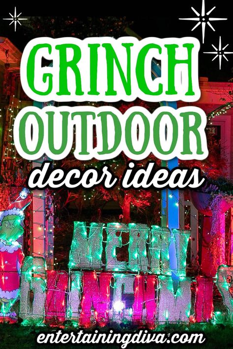 Grinch Themed Front Yard, Christmas Yard Displays Decorating Ideas, The Grinch Outdoor Decor, Outdoor Grinch Christmas Decor, Grinch Front Porch Decorations, Grinch Outdoor Decorations, Grinch Outdoor Decor, Grinch Outdoor Christmas Decorations, Grinch Stealing Lights