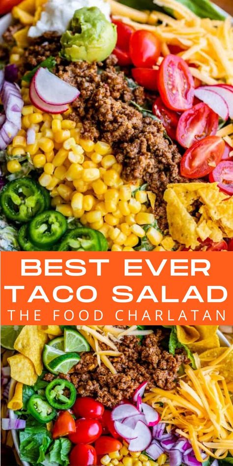 Taco salad with greens, beef, corn, tomato, cheese, two dressings, and more Taco Salad Board, Taco Salad Bar For A Crowd, Taco Salad Bar Ideas Buffet, Mexican Salads For Parties, Taco Salad For A Crowd, Fritos Taco Salad, Taco Salad Bar, Beef Taco Salad Recipe, Best Taco Salad