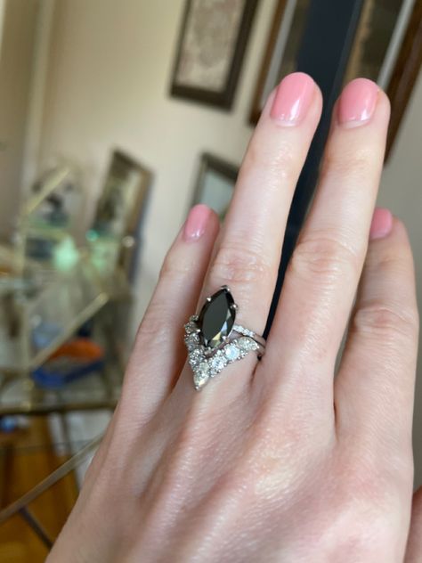 Marquise Engagement Ring With Chevron Band, Black Diamond Marquise Ring, Black Marquise Engagement Ring, Goth Wedding Ideas, Raven Ring, Marquise Wedding Ring, Diamond Alternative Engagement Ring, Marquise Engagement Ring, Marquise Diamond Engagement Ring