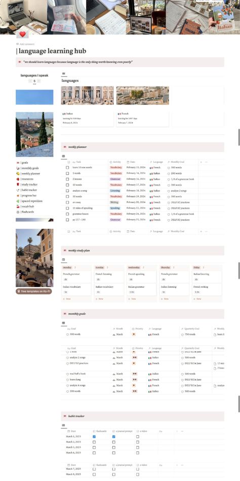 #Language_Learning_Tracker #Notion_Template_Language #Language_Learning_Template #Language_Learning_Notion Notion Study Tracker, Language Study Template, Notion Template Ideas Language Learning, Notion For Language Learning, Learn Language Planner, Notion Language Template, Notion Language Learning Template, Language Learning Tracker, Pretty Notion