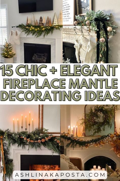 15 STUNNING CHRISTMAS FIREPLACE MANTLE DECORATING IDEAS THAT WILL GET YOU IN THE HOLIDAY SPIRIT — ASHLINA KAPOSTA Elegant Fireplace Christmas Decor, Ornaments On Mantle, Tv Over Fireplace Christmas Decor, Gold Mantle Decor Christmas, Decoration Fireplace Ideas, Silver Christmas Mantle Decor, Christmas Mantles Ideas Fireplaces Cozy, Pretty Mantel Ideas, Wreaths Over Fireplace Mantle Ideas