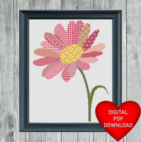 Flower Cross Stitch Pattern, Flower Cross Stitch, Cross Stitch Fonts, Flower Cross, Patchwork Patterns, Dmc Floss, Extra Fabric, Daisy Flower, Cross Stitch Pattern