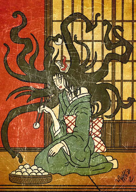 Nukekubi Japanese Folklore, Asian Horror Aesthetic, Japanese Legends Mythology, Japanese Mythology Aesthetic, Female Yokai, Japanese Ghost Art, Japanese Mythology Art, Japanese Yokai Art, Japanese Folklore Art