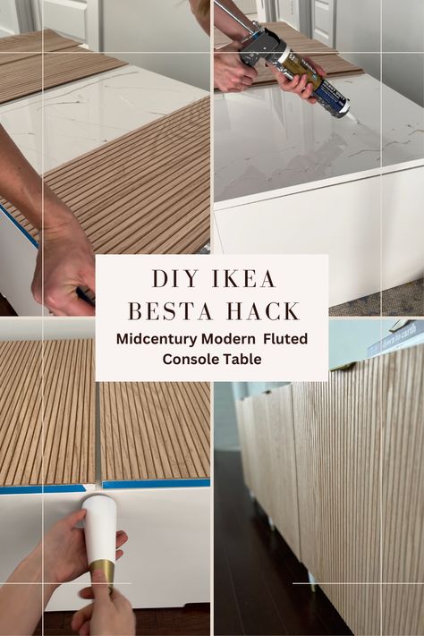 Transform an Ikea Besta into a midcentury modern console table using oak pole wrap and fresh hardware. This is an easy DIY anyone can do! Check out more details on the blog. Ikea Media Console Hack Besta, Fluted Buffet Cabinet Diy, Furniture With Pole Wrap, Ikea Besta Hack Bedroom, Oak Pole Wrap, Slat Furniture Diy, Ikea Cabinet Upgrade, Ikea Besta Cabinet Hack, Diy Ikea Tv Unit