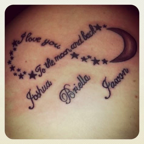 Change to I love you to Neverland and back with the stars and peter pan flying Peter Pan Tattoos, Grandchildren Tattoos, Mother Tattoos For Children, Name Tattoos For Moms, Kid Name Tattoo, Tattoos For Moms, Tattoo Placements, Tattoos With Kids Names, Mommy Tattoos