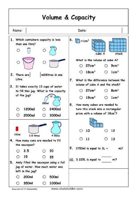 Maths Worksheet For Class 3, Capacity Maths, Capacity Worksheets, Measurement Lessons, Grade 6 Math Worksheets, Money Math Worksheets, Volume Worksheets, Volume Math, Problem Solving Worksheet