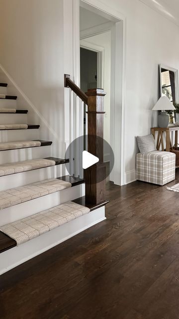 Janny Chmielewski | Home Design + DIY on Instagram: "I couldn’t be happier with these carpet stair treads from @oakvalleydesignsco!  With two young kids (plus a baby on the way) and a dog, I always knew I wanted to add carpet to these wooden stairs, and this was the perfect solution!  I love these carpet stair treads from @oakvalleydesignsco because they are high-quality, beautiful and you can customize them to your stairs. The peel and stick installation is so simple and will not damage your stairs. Plus, you can remove and reposition them as many times as you need!  My treads are the Oak Valley Tailored Square in the Oyster color.   Comment “SHOP” for a direct link and discount code! You can also go directly to https://bit.ly/4bLGG2C and use code JANNY10.   —   #diy #homedecor #entryway Entryway To Stairs Ideas, Stair Tread Ideas, Foyer With Stairs Entryway, Stair Covers, Foyer With Stairs, Carpeted Stairs, Stairs Covering, Tuscany Decor, Foyer Stairs