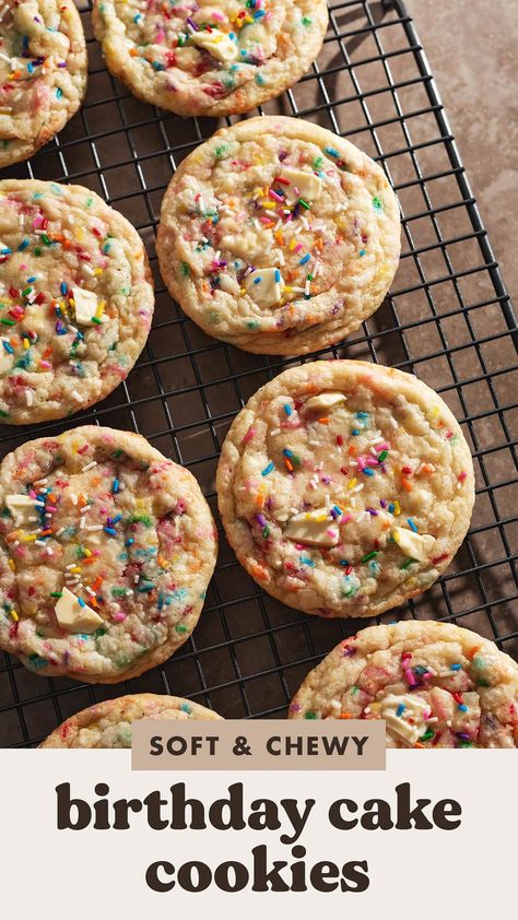 These soft and chewy birthday cake cookies are full of white chocolate and rainbow sprinkles. They're made with clear vanilla extract for that classic birthday cake flavour in cookie form! #cookies #birthdaycake | teakandthyme.com Bday Cake Cookies, Crumbl Birthday Cake Cookie Recipe, Birthday Cake Cookies Recipe, Vanilla Cake Cookies, Birthday Baking Ideas, Cookie Flavours, Classic Birthday Cake, Birthday Cake Cookies, Cookies With White Chocolate