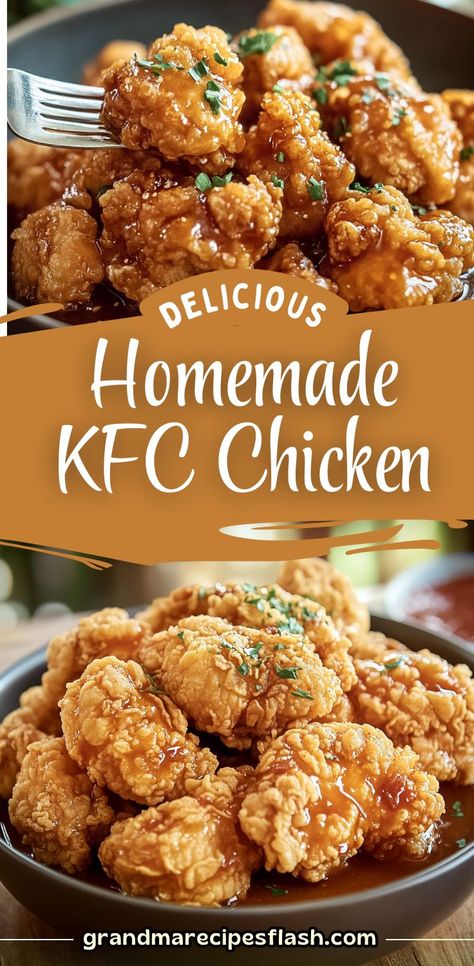 Bring the taste of your favorite KFC chicken to your kitchen with this crispy and flavorful homemade version! Perfectly seasoned and fried to golden perfection, this recipe is a must-try for fried chicken lovers. Serve it with your favorite sides for a family-friendly meal everyone will devour. Kfc Chicken, Meat, Chicken