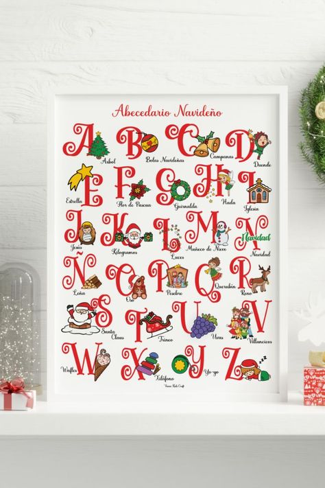 Abecedario de Navidad en Español con lindas ilustraciones, añade al aprendizaje del alfabeto el Espíritu de la Navidad, este ABC Navideño es ideal para la decoración del aula o en el hogar, cada letra viene acompañada por una ilustración navideña 🎄🎅🏼 como Santa Claus, Jesus, Villancicos, Reno y muchas mas!! Incluye esta Impresión de Navidad para niños en esta hermosa época ❤️ #christmasprint#christmasprintables#X-mas#Spanish#Christmasabc#decoracionnavidena#Christmasdeco#Christmasforkids Activity Books, Christmas Activities, Book Activities, Advent Calendar, Reno, Santa Claus, Activities For Kids, Printed Shower Curtain, Abc