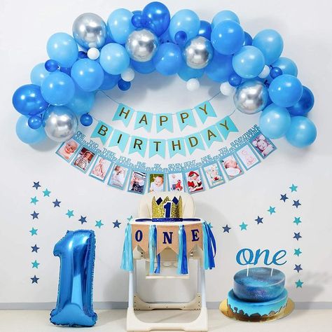 BLUE Party Supplies for ONE Highchair Banner Decorations,Royal Prince Crown,Happy Birthday Banner,12 Months Photo Banner,Blue silver Balloon Garland kit,ONE Cake Topper. 1st Birthday Decorations Boy, First Birthday Balloons, Birthday Decorations At Home, 1st Birthday Balloons, Boy Birthday Decorations, Baby Birthday Decorations, Simple Birthday Decorations, First Birthday Party Decorations, Baby Boy First Birthday