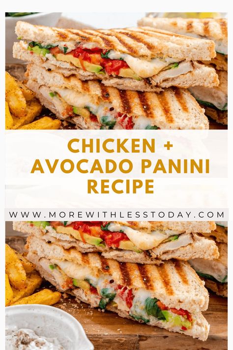 Change up your sandwich routine with this delicious chicken and avocado panini recipe. This panini was one of my favorite things to order at a restaurant and now I make my own and they are so good! #panini #chickenandavocado #sandwichrecipe Chicken Salad Panini, Healthy Chicken Panini Recipes, Panera Panini Recipes, Panini Press Recipes Wraps, Sandwich Recipes Dairy Free, Brioche Chicken Sandwich, Ciabatta Panini Recipes, Pennini Sandwich Recipes, Cibatta Paninis Recipe