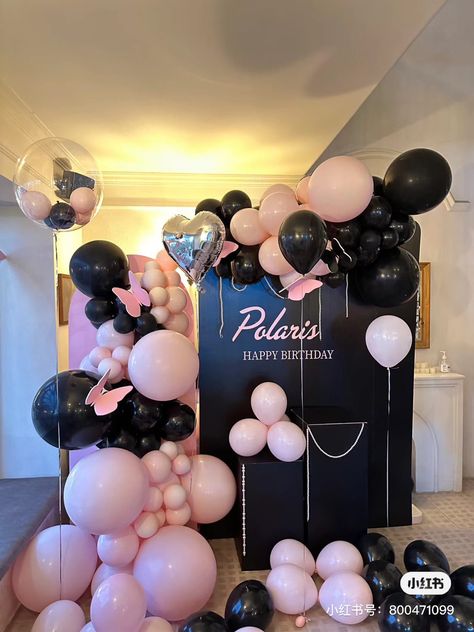 Pink Black And White Decorations, Pink Silver Black Party Decorations, Black White And Pink Birthday Decor, Black And Pink Graduation Party, Black And Pink Balloons Decoration, Black And Pink Decorations Party, Black And Pink Theme Party, Pink Black And Silver Party Decor, Pink And Black Sweet 16 Party Ideas