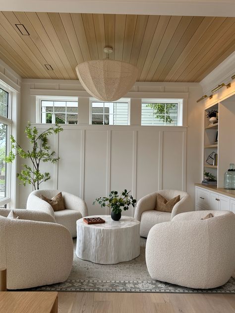 Everything about this cozy sitting room space is absolutely breathtaking...from the board and batten creamy white walls, the unique windows, the oak paneling on the ceiling, the wall of built-ins, we couldn't love it more! To top it off, the room is styled to perfection and is surely a space that you would want to spend endless amounts of time in!


New Construction | Home Trends 2024 | Home Design | Minnesota Home Trends 4 Armchairs Sitting Room, Front Room Office And Sitting Area Cozy, Chair In Front Of Tv, Upstairs Sitting Room Ideas, Home Seating Area, Open Den Room Ideas, Guest Room Sitting Area, 4 Chairs Sitting Area Sunroom, Multiple Sitting Areas In Living Room