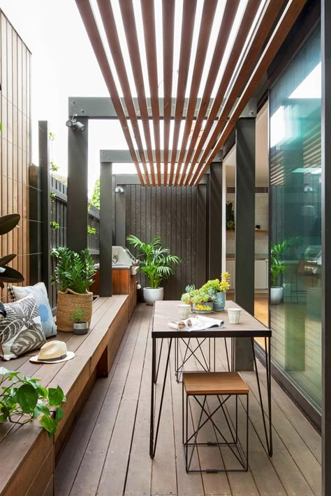 narrow courtyard, dining area in renovation with timber decking and shade. Narrow Patio Ideas, Narrow Patio, Narrow Garden, Side Yard Landscaping, Small Courtyard, Courtyard Ideas, Small Courtyard Gardens, Side Yards, Small Deck Decorating Ideas