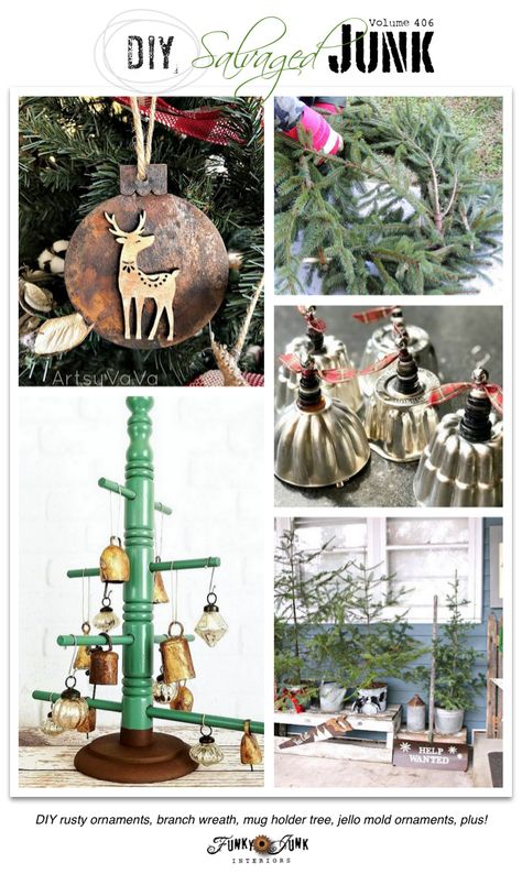 DIY Salvaged Junk Projects 406 - DIY rusty ornaments, branch wreath, mug holder tree, jello mold ornaments, plus! Features with NEW projects on funkyjunkinteriors.net Garland Decor Ideas, Christmas Stairway, Christmas Garland Decor, Stairway Garland, Tree Garland Christmas, Junk Decor, Tree Lights Christmas, Christmas Mantel Ideas, Wreath Ideas Diy