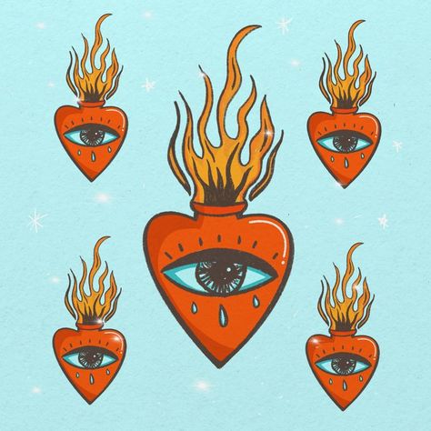 Printable Hearts, Fire Illustration, Heart With Eyes, Cupid Tattoo, Fire Eyes, Fire Drawing, Skull Crafts, Eye Illustration, Fire Painting