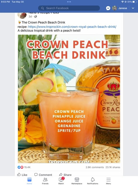 Beach Drink Recipes, Crown Royal Peach, Girls Night Drinks, Peach Whiskey, Peach Beach, Peach Drinks, Alcholic Drinks, Mix Drinks, Beach Drinks