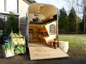 Horse Trailer Produce Stand, Farmstand Trailer, Unique Farmers Market Ideas, Farmers Market Trailer, Horse Trailer Farm Stand, Farm Stand Trailer, Produce Trailer, Farm Stand Ideas, Horse Box Conversion