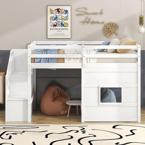 Playful Design Twin Size Loft Bed with Storage Staircase and Window - Bed Bath & Beyond - 39085720 Loft Bed With Stairs, Loft Bed With Storage, Toddler Loft Beds, Bed With Stairs, Storage Staircase, Childrens Bunk Beds, Double Bed With Storage, Low Loft Bed, Daybed With Drawers