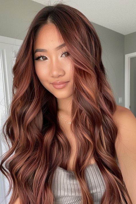 Red And Highlights Hair, Two Tone Highlights For Brown Hair, Hair Inspiration Color Highlights, Asian Red Highlights, Red Highlights In Brown Hair Natural, Auburn Face Framing Highlights, Red Brown Hair Balayage, Red Brown Highlights On Dark Hair, Strawberry Highlights In Brown Hair