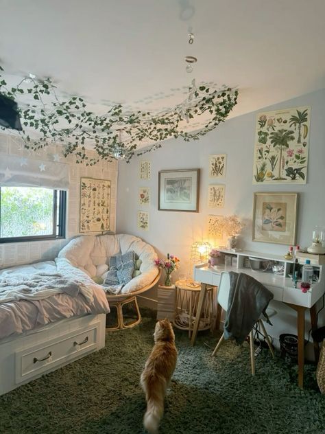 Europe Aesthetic Room, Aesthetic Rooms With Carpet Floors, Green And Tan Bedroom Aesthetic, Room Ideas Soft Aesthetic, Room Ideas Aesthetic Day Bed, Forestry Room Aesthetic, Cozy Cottage Room Aesthetic, Cottagecore Bedroom Ideas Forest, Cottegcore Room Ideas