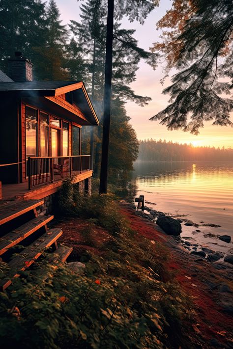 Lake Side Cabin, Cottage In The Woods Aesthetic, Lakehouse Aesthetic, Cabin By Lake, Lake Log Cabin, Small Lake Cottage, Lake Life Aesthetic, Cozy Lake House, Cabin On A Lake