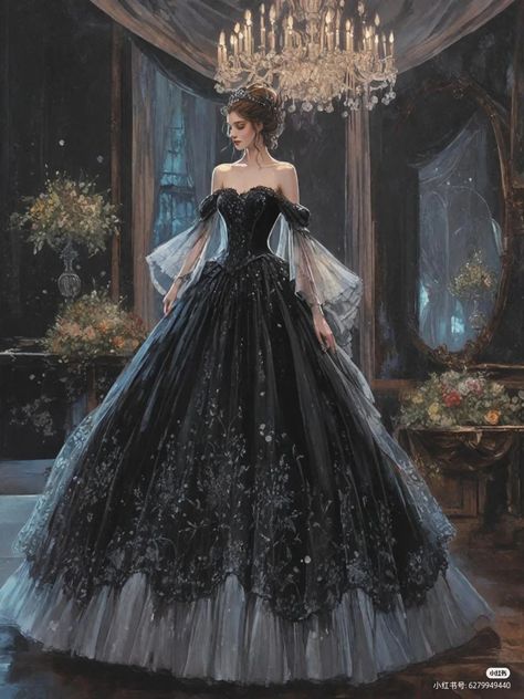 Black Royal Gown, Black Dress Fantasy Gowns, Royal Black Aesthetic, Extravagant Dresses Haute Couture, Royal Princess Aesthetic Dress, Black Princess Dress Fairytale, Black Ball Gown Aesthetic, Fantasy Princess Dress Aesthetic, Princess Dress Dark