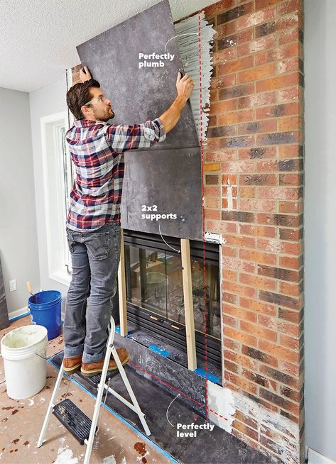 Restore Brick Fireplace, Revamp Fireplace Brick, How To Cover Fireplace, Fireplace Facelift Diy, Concrete Fireplace With Tv, Rebricking A Fireplace, Resurface Brick Fireplace, Removing Brick Fireplace, Full Wall Brick Fireplace