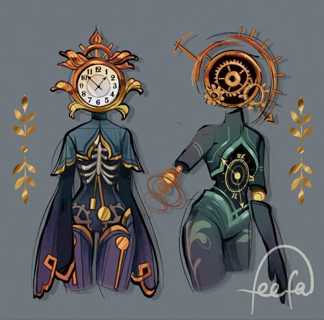 Botanical Character Design, Deity Outfit Design, Character Design Clock, Clock Oc Design, Cursed Character Design, New Year Character Design, Clock Character Design, Deity Character Design, Sea Character Design