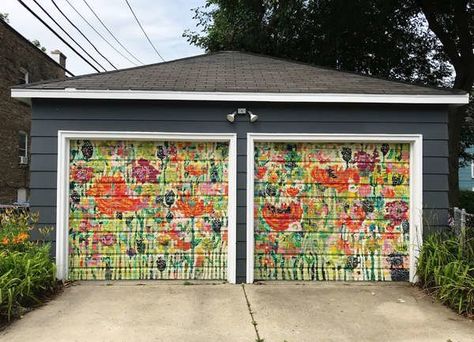 Painted garage doors | 20 Unexpected Spots for Accent Colors Garage Door Art, Amanda Evanston, Garage Door Mural, Garage Mural, Aunt Peaches, Remodel Garage, Garage Door Colors, Outdoor Murals, Outdoor Mural