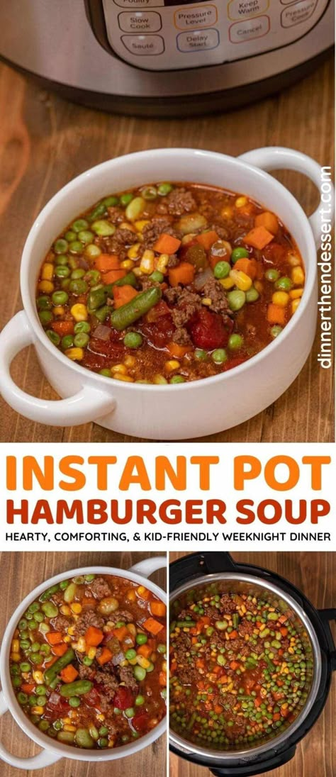 Instant Pot Hamburger Soup is a hearty, comforting, kid-friendly weeknight meal made with ground beef, veggies, tomato sauce, and Italian seasoning. Instant Pot Hamburger Soup, Beef Veggie Soup, Ground Beef Stews, Hamburger Vegetable Soup, Beef Recipe Instant Pot, Hamburger Stew, Instant Pot Soups, Cheese Burger Soup Recipes, Instant Pot Ideas