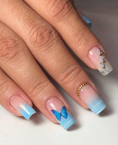 Nails For Pre Teens, Latest Nail Extensions Designs, Blue Butterfly Nails, Butterfly Nail Design, Nail Design 2023, Nail Inspo Pics, Ombre Butterfly, Grad Hair, Butterfly Nail Designs