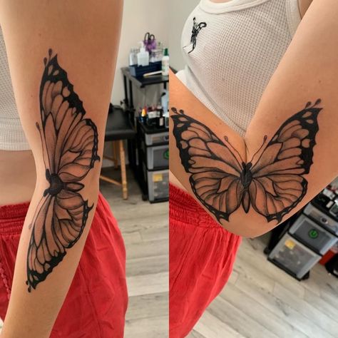 Butterfly In Arm Tattoo, Butterfly Arm Fold Tattoo, Butterfly Tattoo That Opens On Elbow, Butterfly Tattoo Near Elbow, Elbow Crease Tattoo Inner Butterfly, Butterfly Elbow Bend Tattoo, Butterfly Opening Wings Tattoo Elbow, Expanding Butterfly Tattoo, Butterfly In Elbow Tattoo