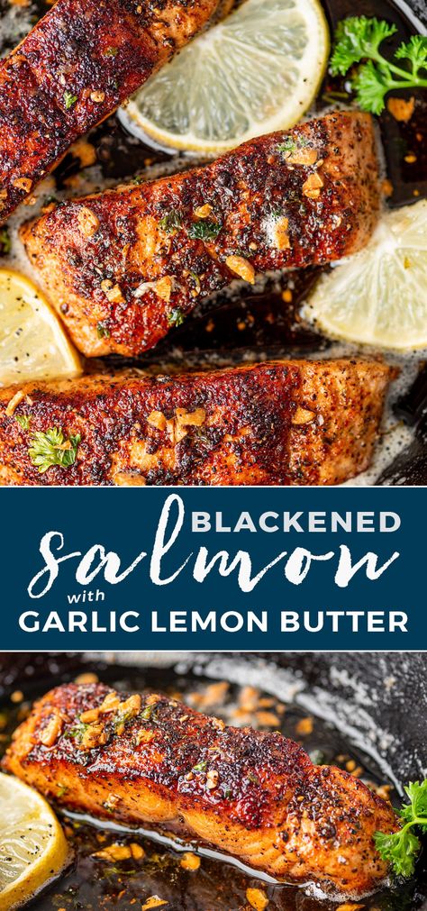 Blackened Salmon with Garlic Lemon Butter | Gimme Delicious Blackened Salmon With Lemon Butter Sauce, Sauce For Blackened Salmon, Salmon Blackened, Lemon Salmon Recipes, Salmon Sides, Blackened Salmon Recipes, Pescatarian Lifestyle, Aubergine Salad, Lemon Butter Salmon