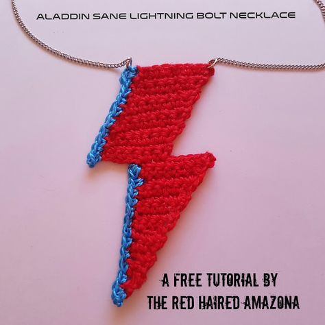 David Bowie Aladdin Sane Crochet Lightning Bolt Necklace & Applique- Free Tutorial! Crochet Lightning Bolt, Bowie Crochet, David Bowie Lightning Bolt, Bowie Lightning Bolt, David Bowie Aladdin Sane, Bowie Aladdin Sane, Lightning Necklace, 5mm Crochet Hook, Lightning Bolt Necklace