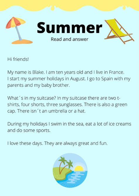 Summer reading interactive worksheet Summer Holidays Worksheet, Holiday Reading Comprehension, Summer Reading Comprehension, Summer Text, Summer Worksheets, Esl Reading, Holiday Worksheets, Grammar For Kids, Learning English For Kids