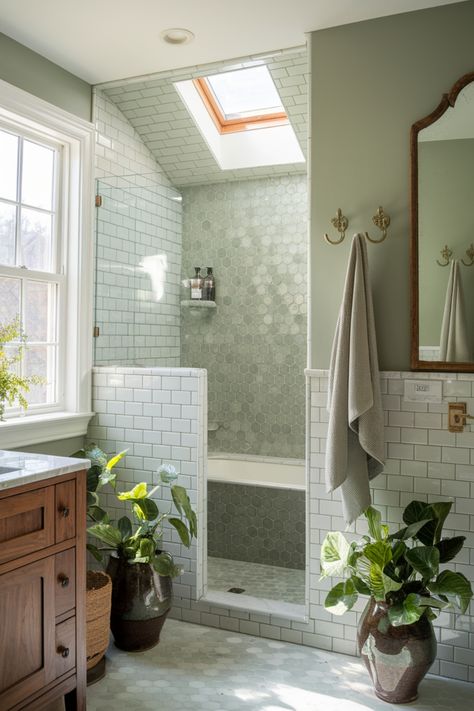 Bright bathroom with a skylight, green hexagonal tiles, a glass shower, wooden vanity, and potted plants. Sage Green Cottage Bathroom, Calming Green Bathroom, Dark Green Bathroom Aesthetic, Light Green Walls Bathroom, Small Sage Bathroom, Small Bathroom Sage Green, Sage Green And Cream Bathroom, Sage Colored Bathroom, Nature Bathroom Aesthetic