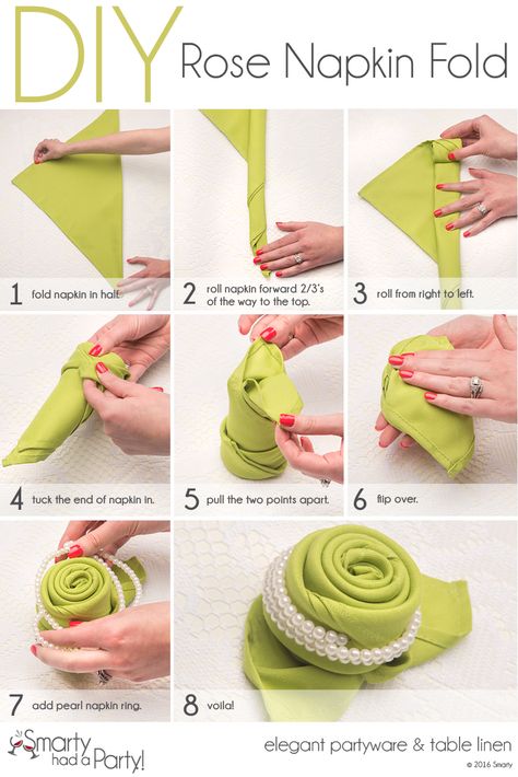 DIY Rose Napkin Fold | www.SmartyHadAParty.com Creative Napkin Fold, Diy Napkin Folding, Christmas Tree Napkin Fold, Napkin Folding Tutorial, Folding Napkins, Napkin Folding Ideas, Camping Knots, Creative Napkins, Napkin Folds